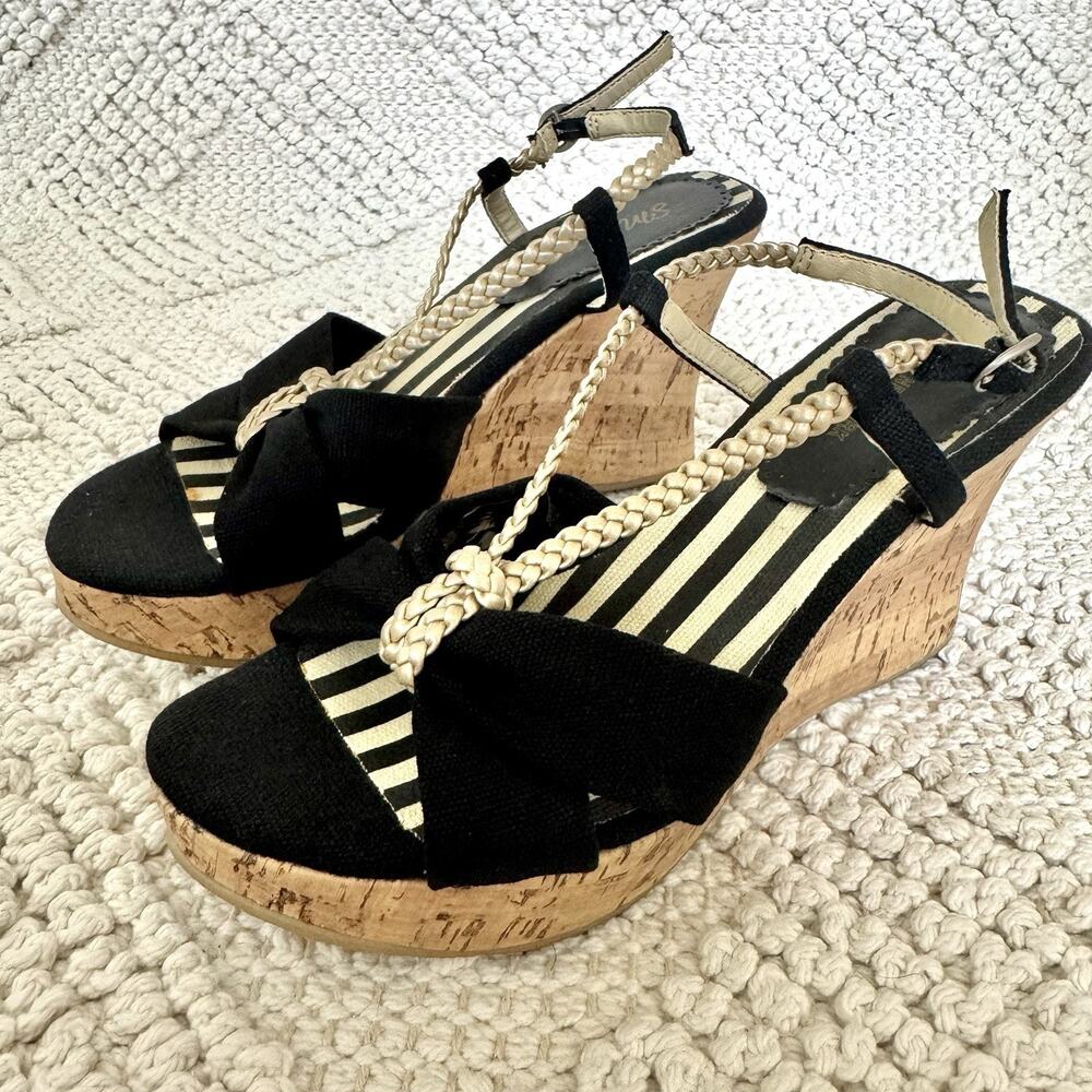 Steve Madden Women's Black Rope Espadrille Cork Wedge Sandal Size 6 Ankle Strap - Picture 1 of 14